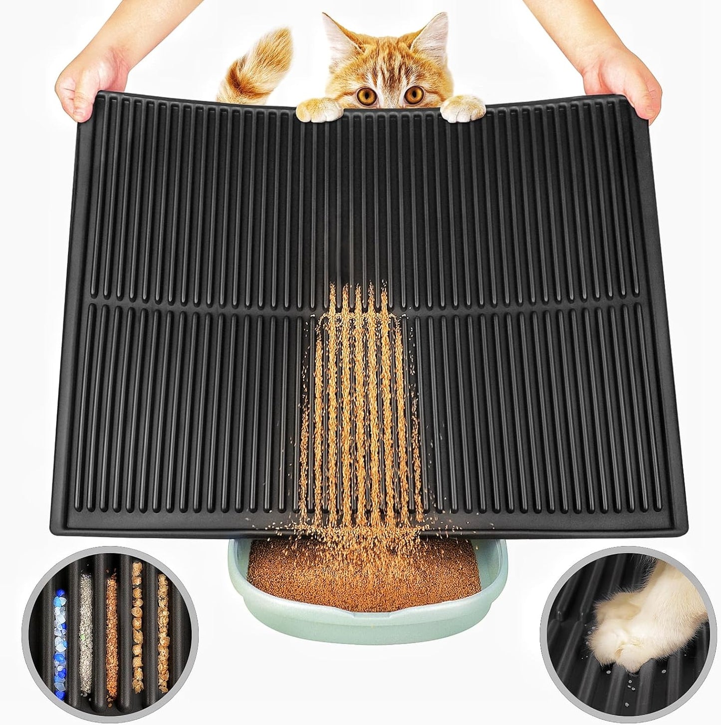 Easy Clean Litter Mat: Grooved Design Large Litter Trapping Mat Easy to Clean – Urineproof Surface Cat Box Rug with Raised Edges for Cats with Urinary Issues (Black, 31”x24”)