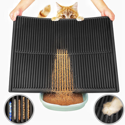 Easy Clean Litter Mat: Grooved Design Large Litter Trapping Mat Easy to Clean – Urineproof Surface Cat Box Rug with Raised Edges for Cats with Urinary Issues (Black, 31”x24”)