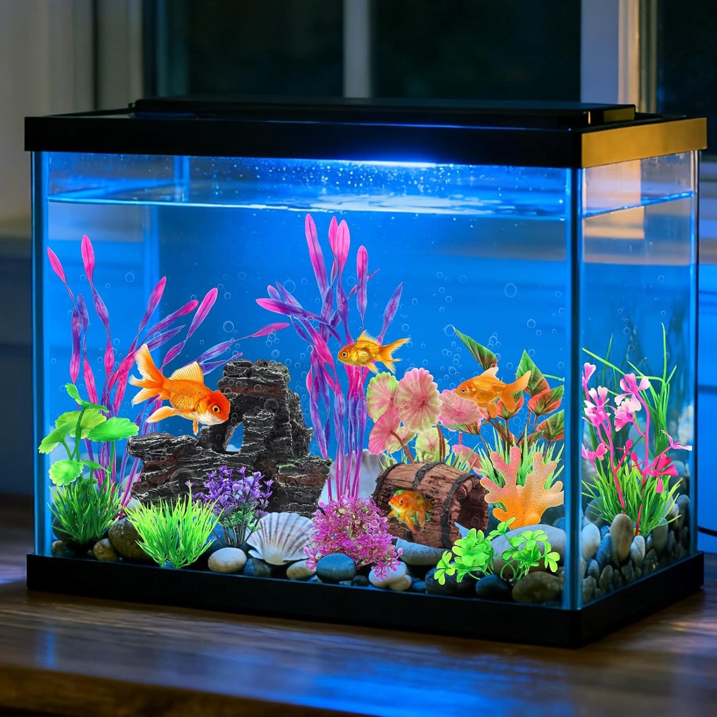 15 Pcs Aquarium Artificial Plastic Plants Decorations and Resin Barrel and Coral Rock Cave Set, Fish Tank Accessories Hideout Ornaments Aquarium Decor Set