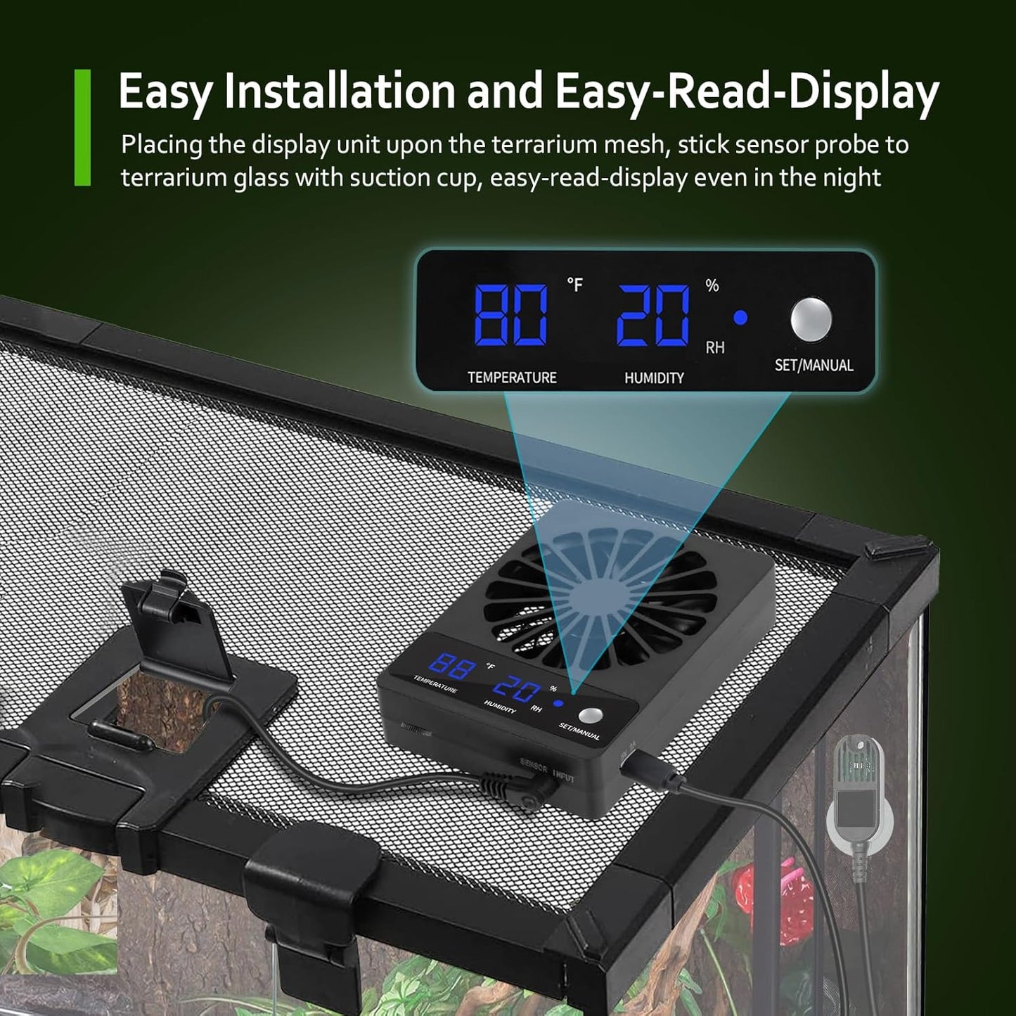 Reptile Tank Fan with Thermometer & Hygrometer | LED Display, Auto Ventilation for Enclosures & Terrariums