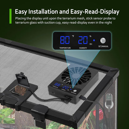 Reptile Tank Fan with Thermometer & Hygrometer | LED Display, Auto Ventilation for Enclosures & Terrariums