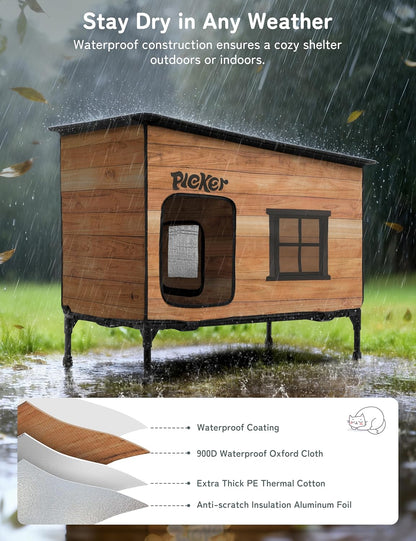 Heated Cat House for Outside: Apartment Design 31.5" Waterproof & Insulated Outdoor Cat House for Winter, Weatherproof Elevated Feral Cat Shelter with Heating Pad, Warm Houses for Outdoor Cats Stray