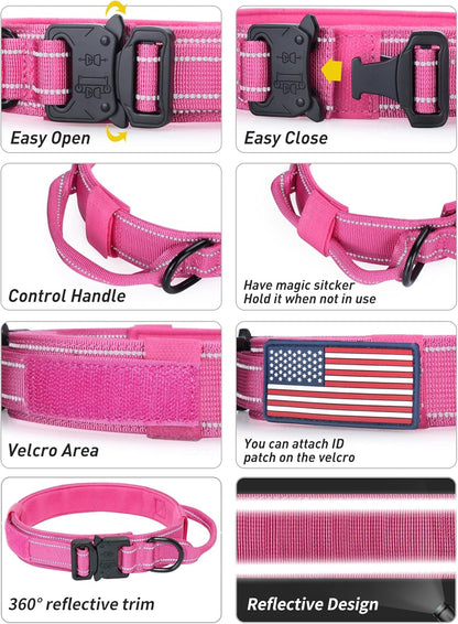 AUBELL Reflective Tactical Dog Collar,Adjustable Military Heavy Duty K9 Collars with Handle and Quick Release Metal Buckle Great for Large Dogs, with Airtag Case and 2 Patches (Pink,L)