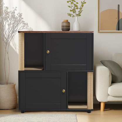 GAOMON 2 Tiered Cat Litter Box Enclosure for 2 Boxes, 31.5'' Double Litterbox Enclosure Furniture with Scratch Posts and Double-Layer Litter Mats, Wood Cat Washroom 2 Doors Black