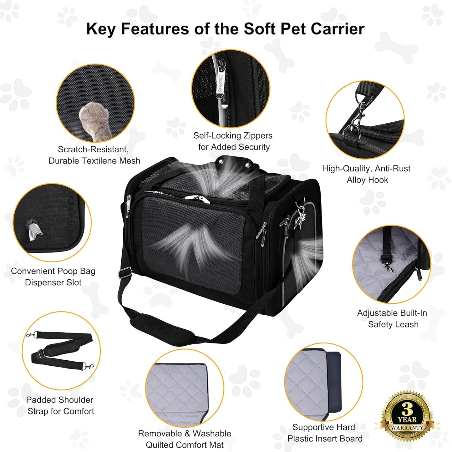EliteField Deluxe Soft-Sided Pet Carrier (3 Year Warranty, Airline Approved), Travel Bag for Dogs, Cats & Small Pets, with Expandable Mat