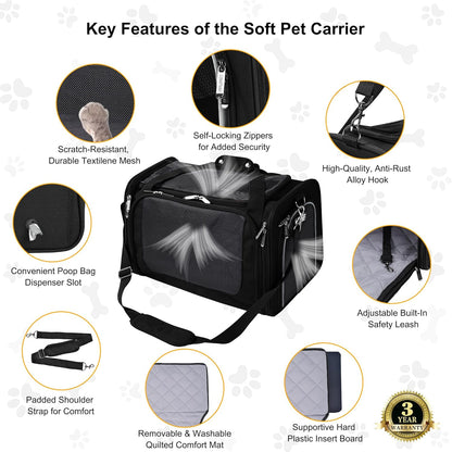 EliteField Deluxe Soft-Sided Pet Carrier (3 Year Warranty, Airline Approved), Travel Bag for Dogs, Cats & Small Pets, with Expandable Mat