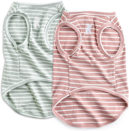 Koneseve Dog Shirt Vest Lightweight Stretchy Dog T-Shirts Soft Cool Shirts Sleeveless Stripe Vests Breathable Clothes for Puppy Kitty Cats Small Medium Large Dogs 2 Pack Pink + Green [ L/Large ]