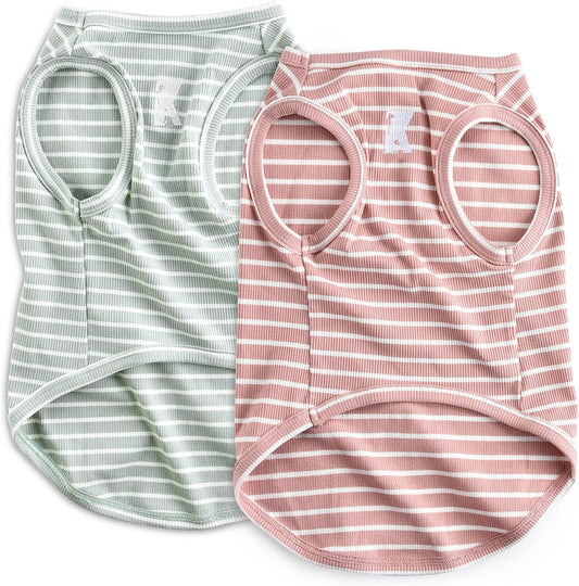 Koneseve Dog Shirt Vest Lightweight Stretchy Dog T-Shirts Soft Cool Shirts Sleeveless Stripe Vests Breathable Clothes for Puppy Kitty Cats Small Medium Large Dogs 2 Pack Pink + Green [ L/Large ]