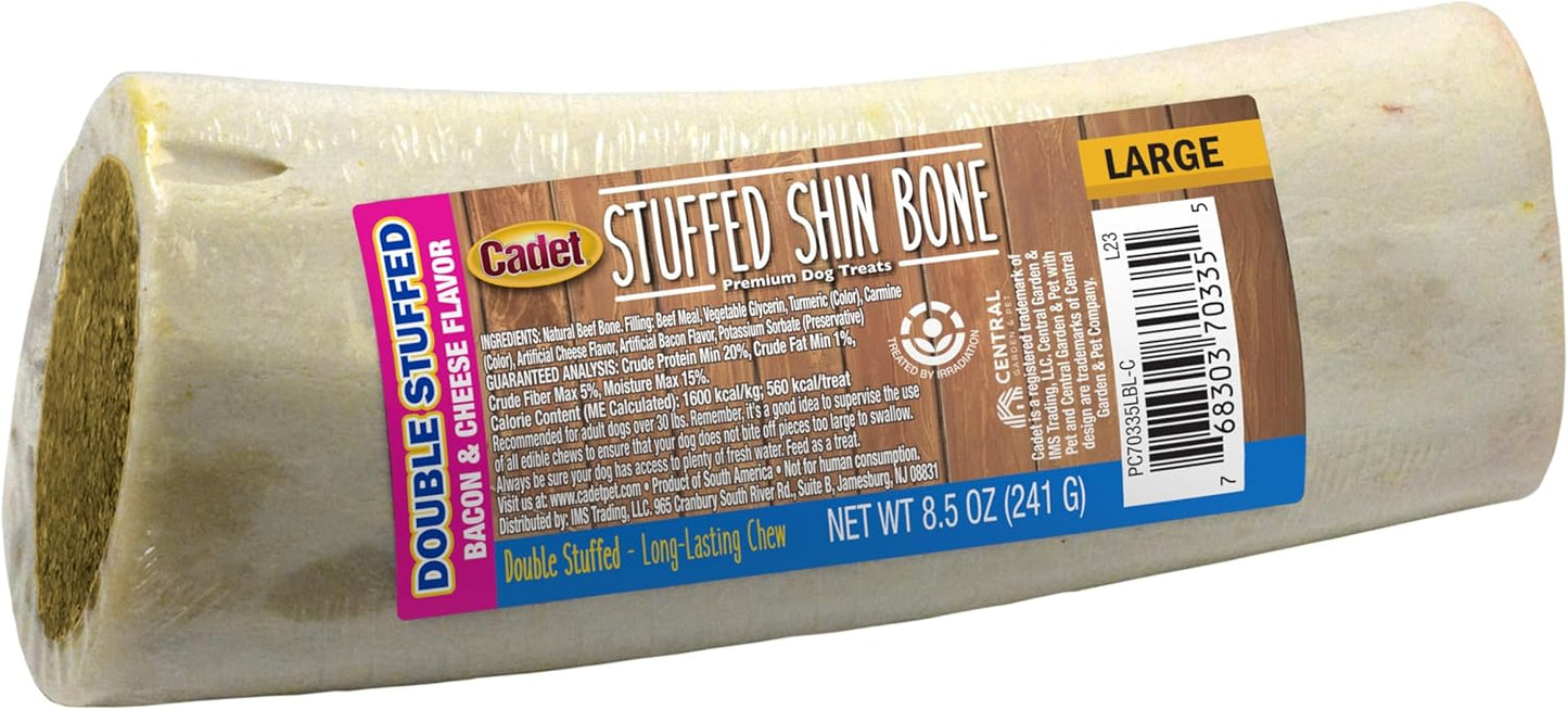 Cadet Stuffed Shin Bone, Long-Lasting Dog Chew Bones for Aggressive Chewers, High Protein Filled Bone Dental Chew for Dogs, Bacon & Cheese Flavor Filling, 5-6" for Large Dogs