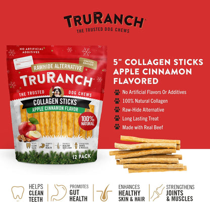 TRURANCH 5" Collagen Sticks Apple Cinnamon Flavored - 1 Bag, 12 Count, Holiday Limited Edition, Stocking Stuffer, Rawhide Free, Limited Ingredients Dog Chew