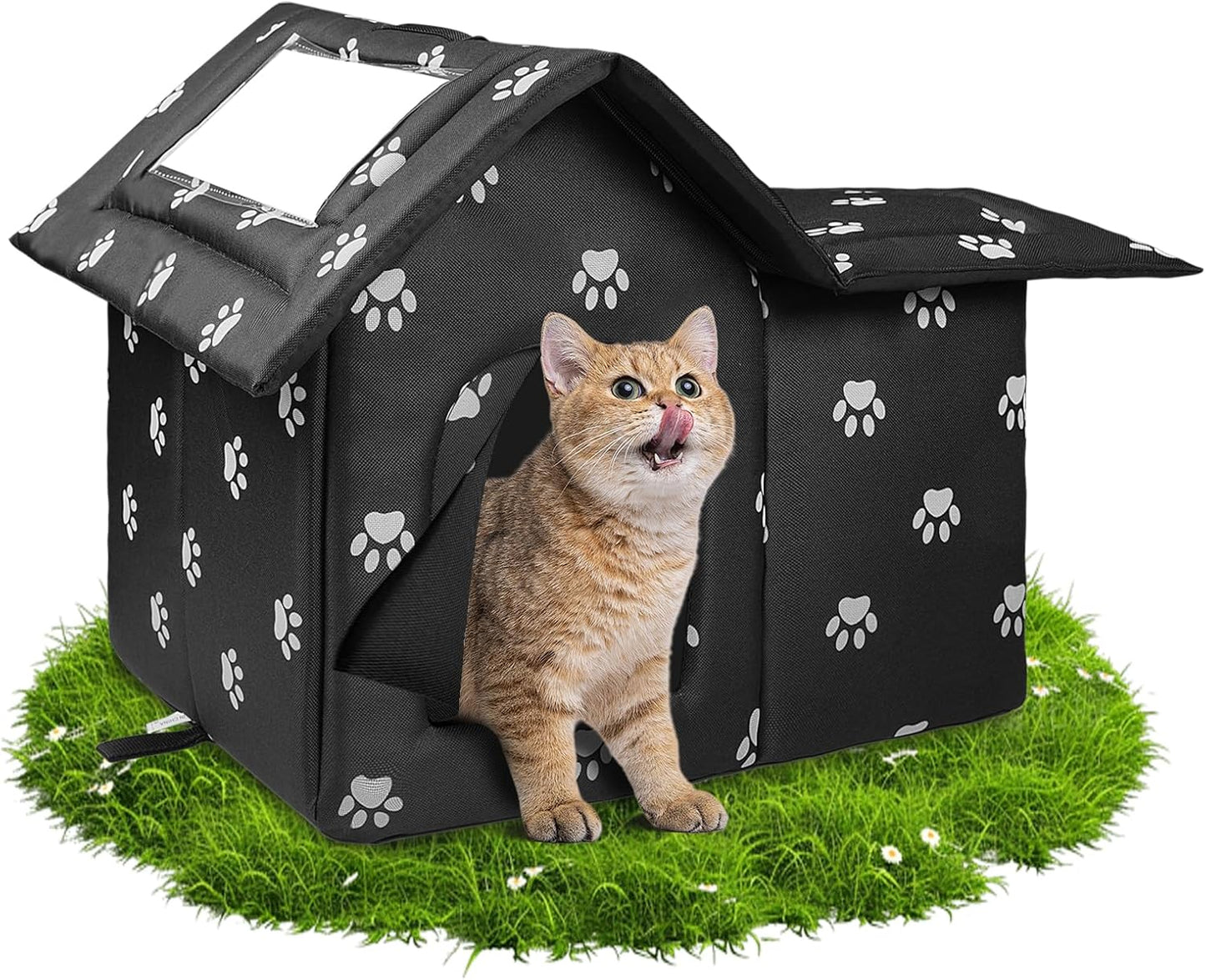 Large Outdoor Cat House Weatherproof, Houses for Outdoor Cats Feral, Collapsible Outside Cat House with Windproof Door, DIY Cardboard and Soft Mat, Insulated Stable Stray Cats Shelter in Winter