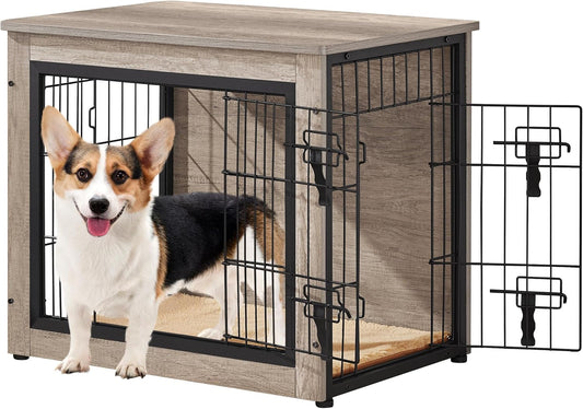 Yaheetech 27.5'' Dog Crate Furniture with Cushion Wooden Dog Crate with Double Doors/Adjustable Feet Side End Table for Small/Medium Dogs, Greige