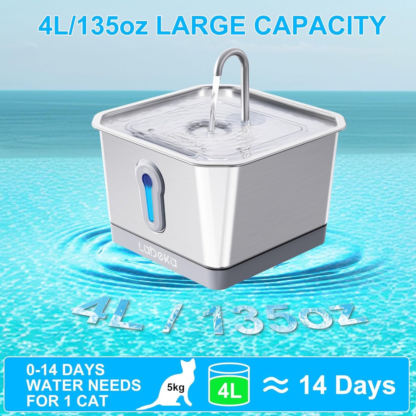 Stainless Steel Cat Water Fountain 135oz/4L:Battery Operated Wireless Cat Fountains for Drinking Indoor, Automatic Pet Water Dispenser with Ultra Quiet Pump,Multi-Filtration