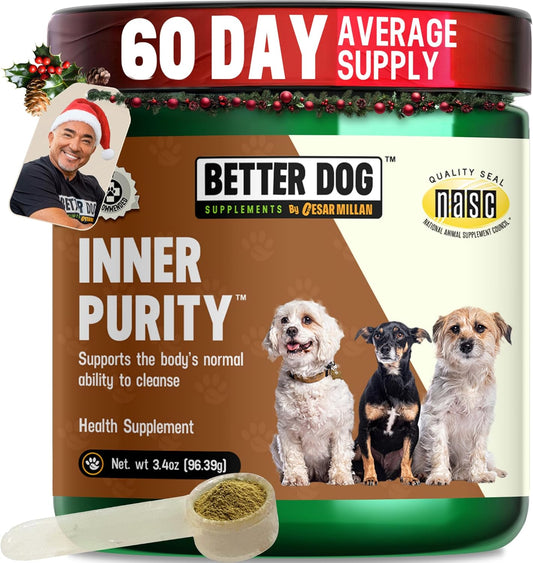 Better Dog Supplements Inner Purity by Cesar Millan – Natural Digestive, Dewormer & Gut Health Powder for Dogs – Internal Cleanliness, Detox & Bowel Movement Support – 3.4oz, (60-Day Supply)