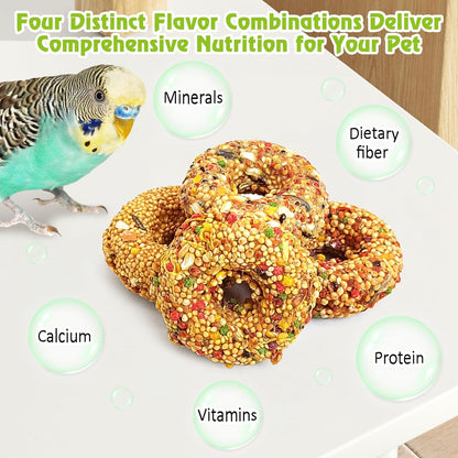 kathson Parakeet Treats, 8 Pcs Donut Shaped Bird Snacks, Grain Fruits Vegetables Herbs Mixed Parrot Treats, Natural Cockatiel Food for Conure Budgie Canary Chewing