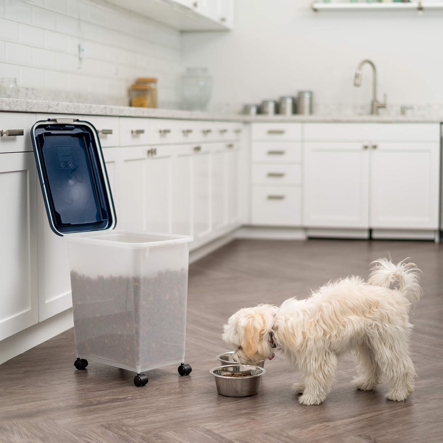 IRIS USA Airtight Dog Food Storage Container, Up to 30 lbs, Attachable Wheels, for Dog Cat Bird and other Pet Food Storage Bin, Keep Fresh, Easy Mobility, BPA Free, Navy/Pearl