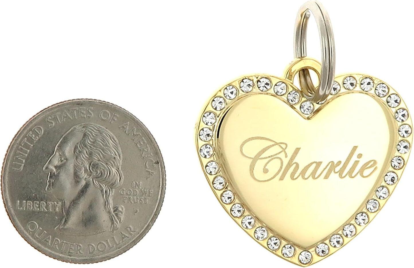 Custom Engraved Personalized Gold-Plated Medium Heart Rhinestones Pet Jewelry ID Tag for Casual Use