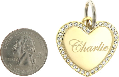 Custom Engraved Personalized Gold-Plated Medium Heart Rhinestones Pet Jewelry ID Tag for Casual Use