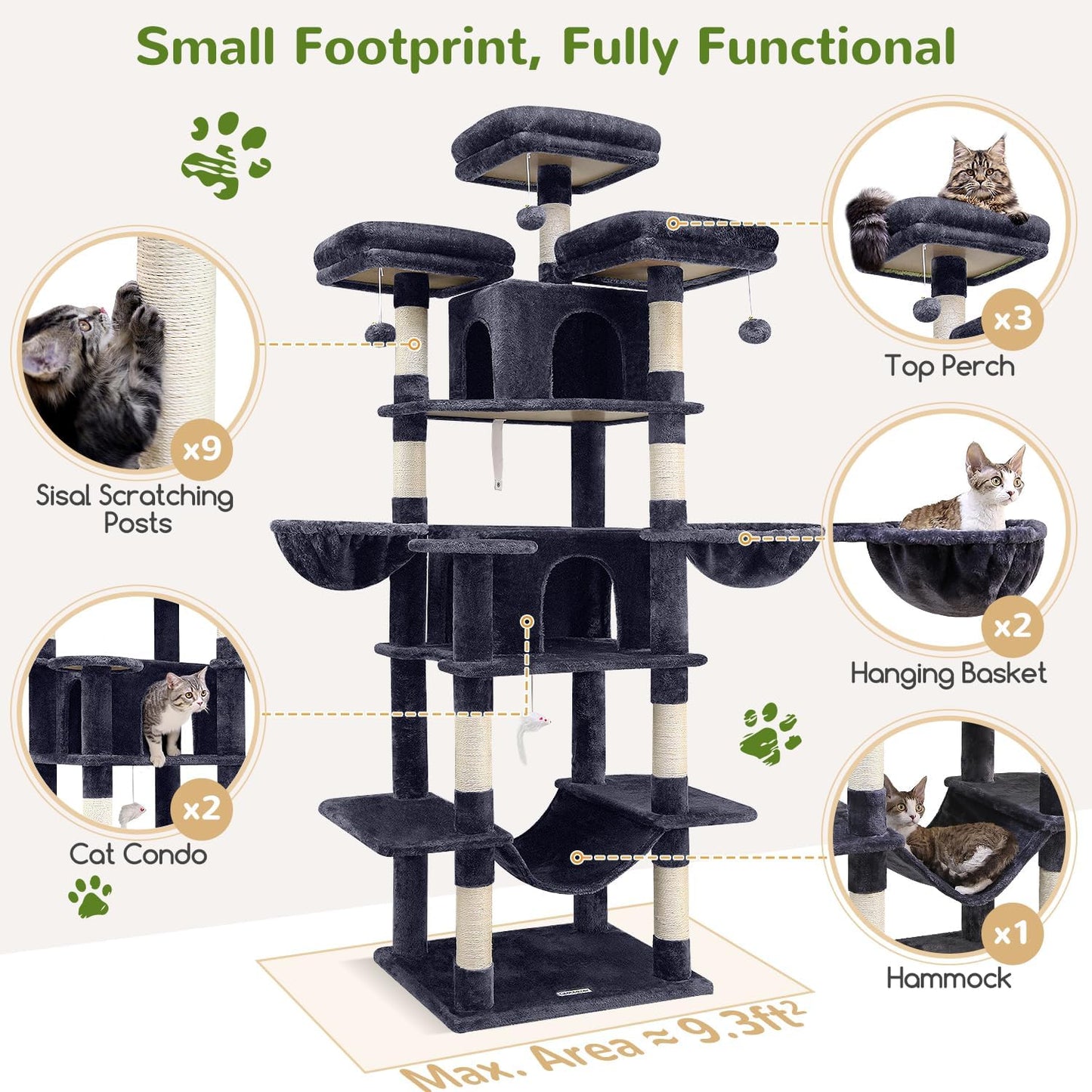 Globlazer Big Cat Tower for Indoor Cats, 80inch Cat Tower for Multiple Adult Cats XXL Cat Tree with Scratching Post, Hammock, 3 Perches, 2 Condos, 2 Hanging Basket, F80, Dark Grey
