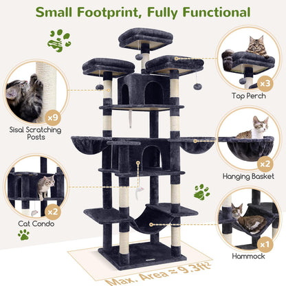 Globlazer Big Cat Tower for Indoor Cats, 80inch Cat Tower for Multiple Adult Cats XXL Cat Tree with Scratching Post, Hammock, 3 Perches, 2 Condos, 2 Hanging Basket, F80, Dark Grey
