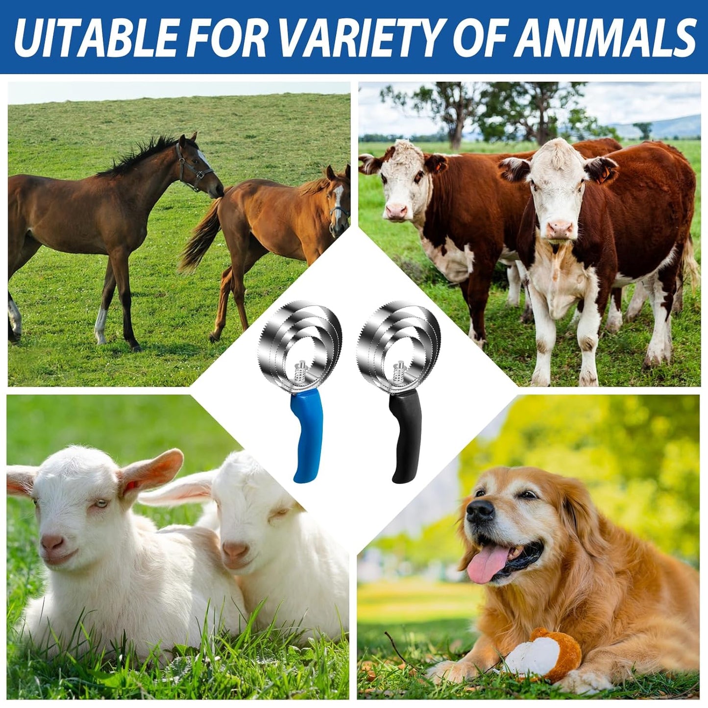 2 Pack 4 Rings Double Sided Curry Comb, Stainless Steel Curry Comb with Soft Touch Grip