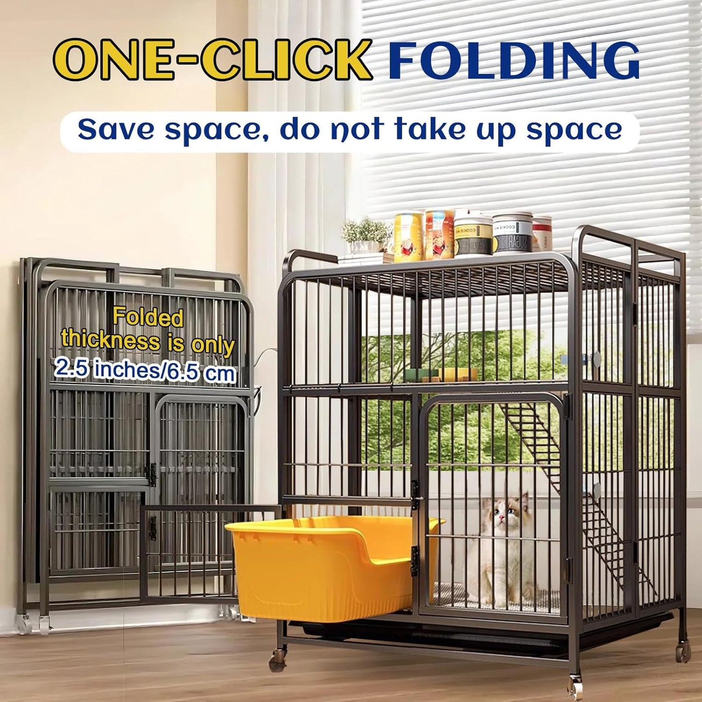 Collapsibles Cat Cages Indoor,Portable Cats Enclosures 2/3/4-Tier,Heavy-Duty Cat Playpens with Universal Wheels,Large Metal Animal cage Pet Crate No Assemblys Required (Black, 2-Tier (No Litter Box))