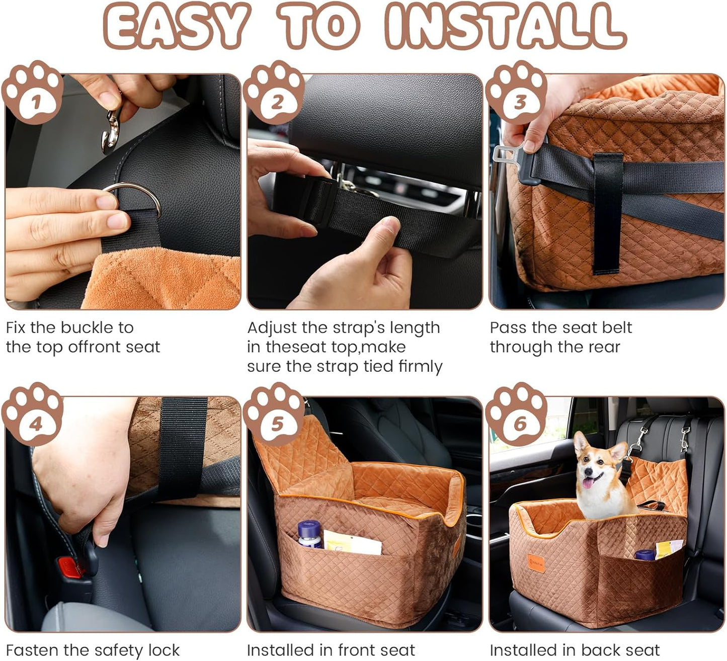 Memory Foam Booster Dog Car Seat with Washable Removable Cover, Elevated Pet Car Seat, Anti-Slip Sturdy Booster Seats for Small Dogs 35lbs, Seat Belt, Storage Pocket, Dog Blankets