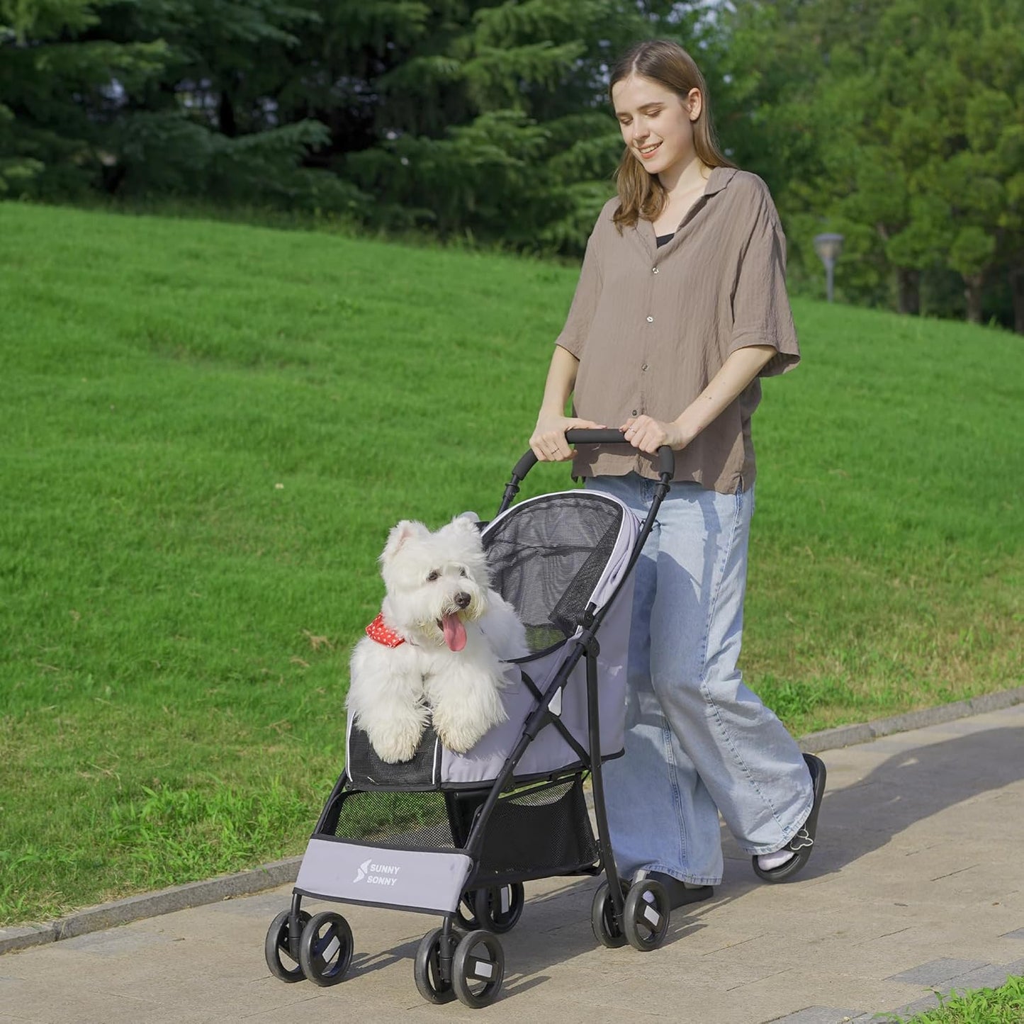 Sunny Sonny Foldable Jogger Pet Stroller with Weather Cover Storage Basket Pet Travel Carrier for S/M Dogs Cats up to 33lbs (Grey)