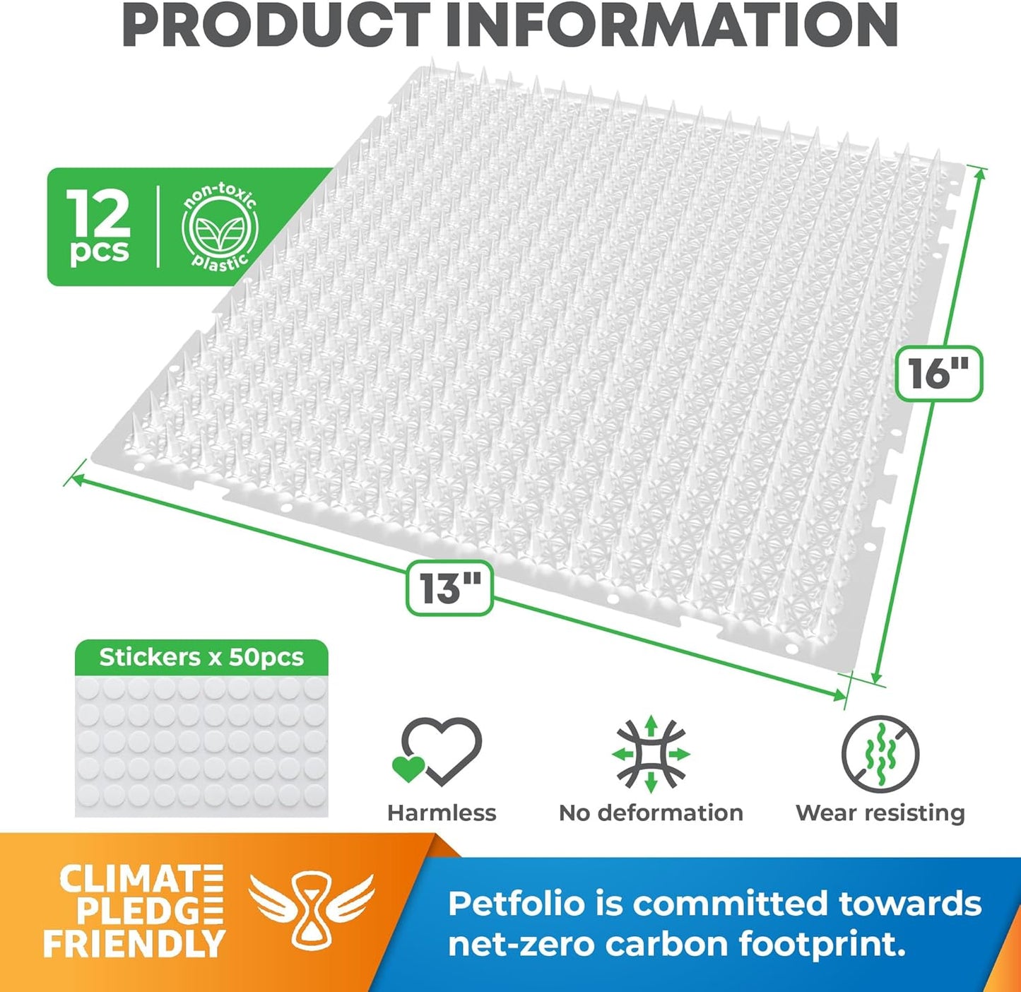 Petfolio 12 Pack Scat Mat for Cats - 16 x 13 Inch Cat Spike Mat with 1 Inch Spike is A Perfect Pet Training Mat Device for Cat Repellent Indoor & Outdoor to Deter Cats & Other Animals for All Seasons