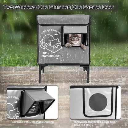 Cat House Outdoor, Indestructible Elevated Feral Cat Shelter Weatherproof with Escape Door,Outside Waterproof Insulated Strayed Cat House for Winter(Gray)