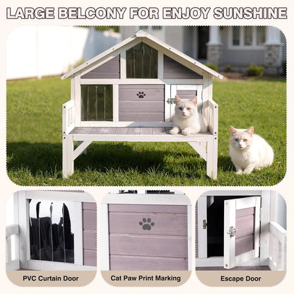 Outdoor Cat House Weatherproof with Balcony - Large Insulated Wooden Shelter for Multiple Cats, All-Weather Feral Cat Shelter for Winter