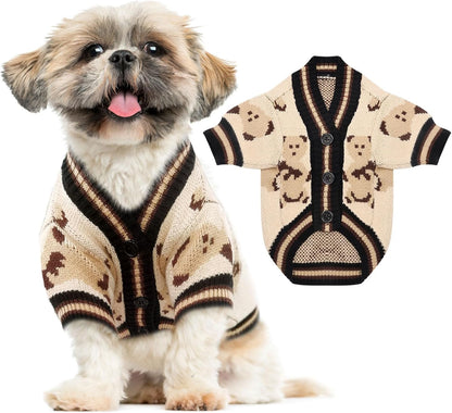 Small Dog Sweaters Cute Bear Dog Cardigans Clothes for Small Medium Dogs Boy Girl Puppy Cat Knitting Cardigan Outfits Dogs Winter Coats Warm Pet Doggy Clothes Soft Knitwear (Beige, Small)
