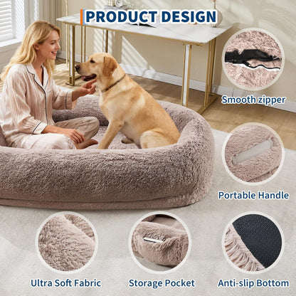 67 in x43 in x8 in Human Dog Bed for Adult & Pets, Faux Fur Removable Human Dogs Bed with Pillow, Portable Handle, Side Pocket, Egg Orthopedic Foam, Large Dog Beds for Bedroom Living Room Office Brown