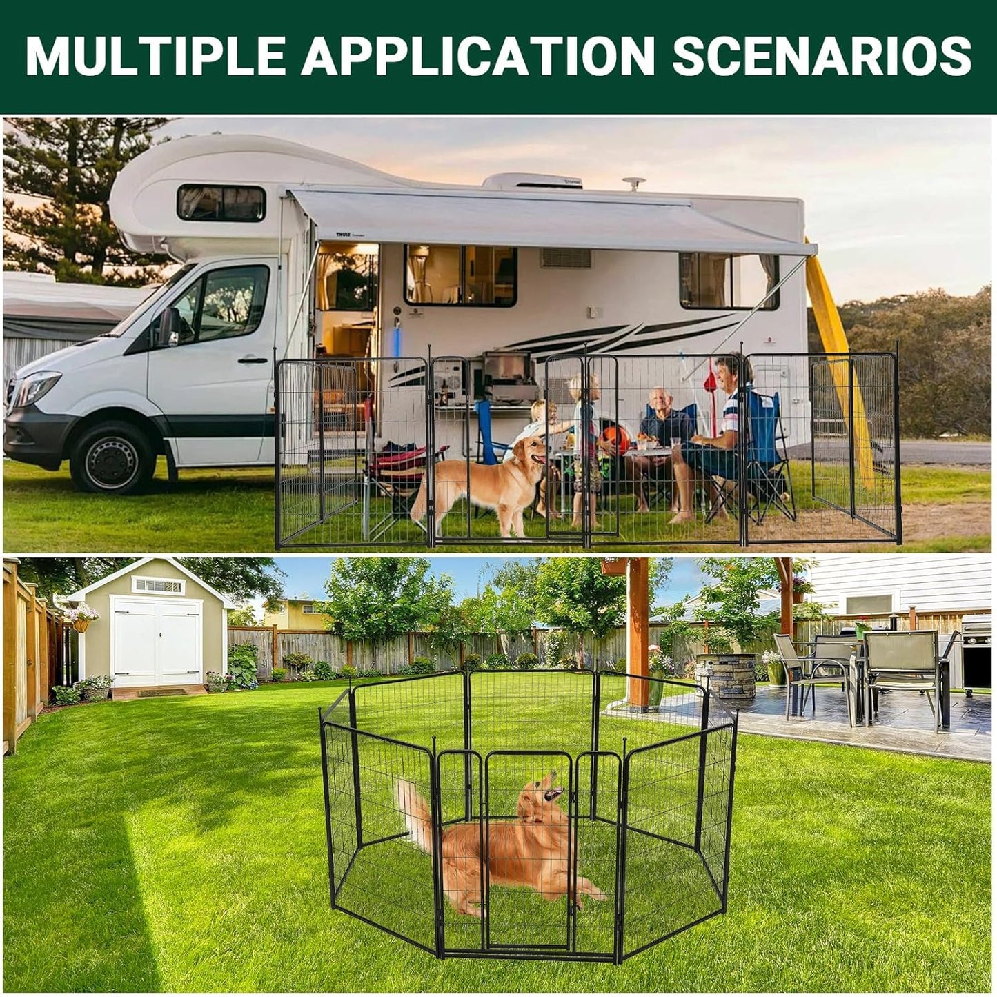 Heavy-Duty Iron Dog Playpen,8 Panels 40”H X 32" W, Durable, Rust-Resistant Dog Playpen for Indoor & Outdoor Use,Low Threshold, Double Gravity Lock,Pet Playpen with Doors Portable for Rv Camping Yard