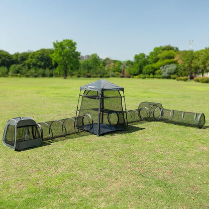 Catio Outdoor Cat Enclosure Combo for Indoor and Outdoor,3 Tier Cage Inside,Pop up Catio,Portable and Foldable(Includes cat Tower Tent, Tunnel and cage) Plus 2 cat Tunnel +1 Cube