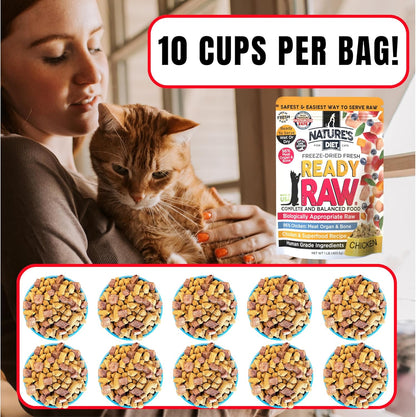 Nature's Diet Ready Raw : Freeze-Dried Raw Cat Food, Chicken, Human Grade, High Pressure Pasteurized (HPP), 96% Meat, Organ, Bone, Safe & Natural, Dry or Wet Feeding