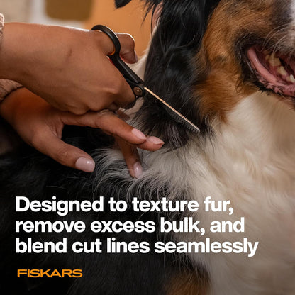 Fiskars Pet Blending Scissors, Dog and Cat Grooming Scissors, Serrated Teeth for Thinning & SoftGrip Handle, Cat and Dog Supplies, 6.5”, Orange/Black