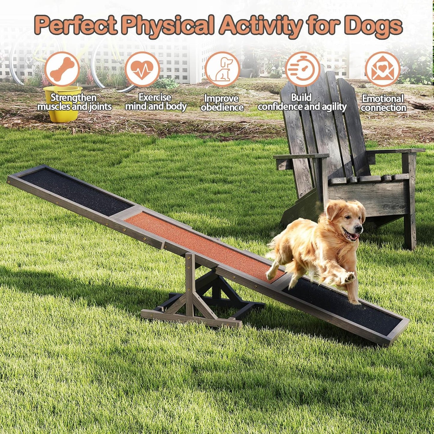 PETSITE Wooden Dog Agility Seesaw, Dog Exercise & Play Set, Outdoor Run Game Toy, Climbing Platform Balance Training Equipment, Weatherproof Pet Supplies for Backyard Obstacle Courses (Grey)