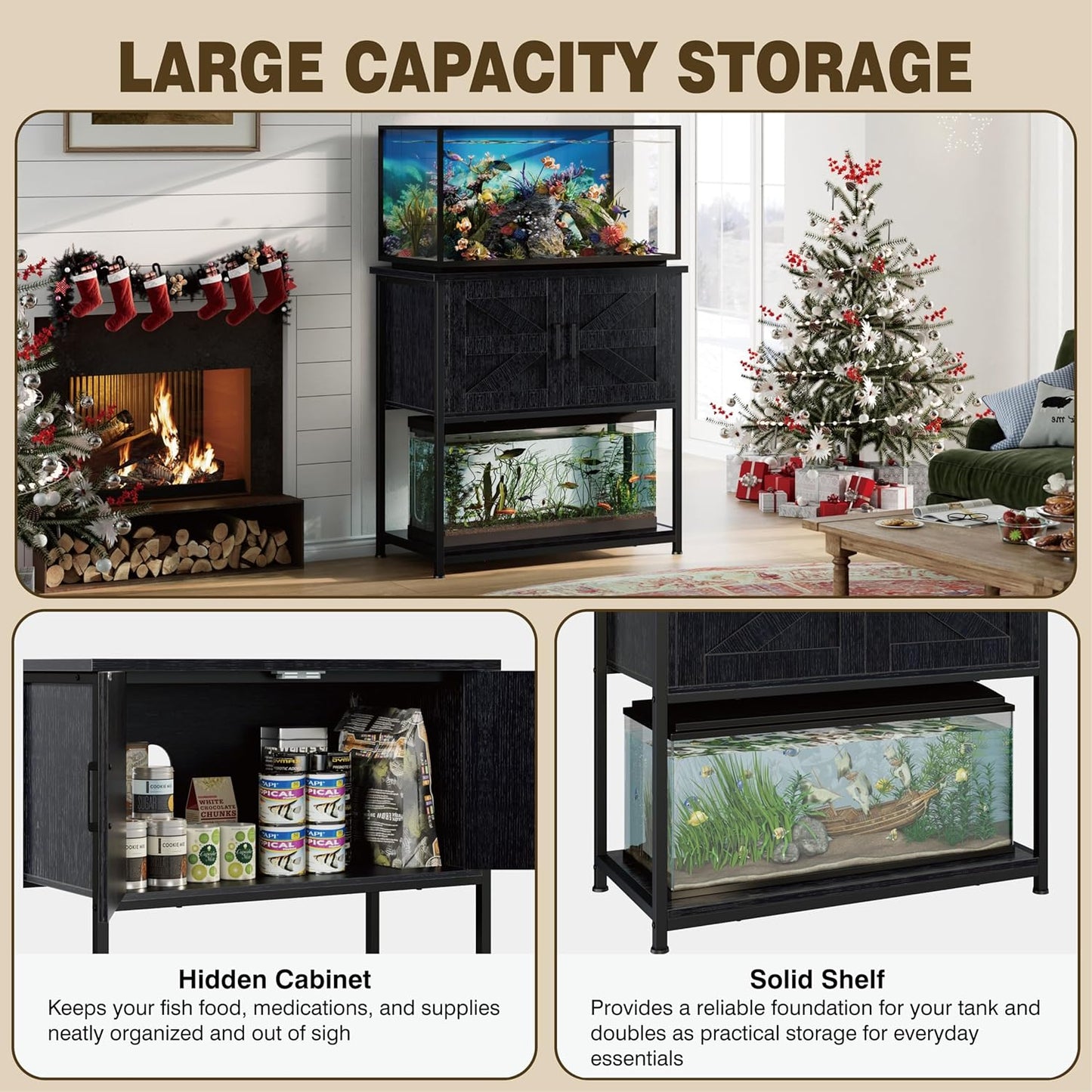 20-29 Gallon Wood Farmhouse Aquarium Stand with Cabinet - 3-Tier Heavy Duty Metal Frame Fish Tank Stand with Storage, Turtle Reptile Tank Stand, 330LBS Capacity, 31.5" L Tabletop, Black