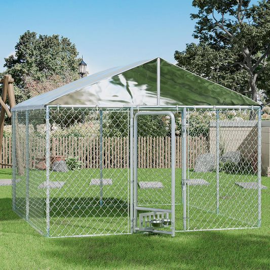 10×10×7 FT Outdoor Dog Kennel with Roof, Dog Enclosure w/Rotating Feeder, Large Heavy Duty Dog Run Playpen w/2 Stainless Bowls, Galvanized Pet House w/Secure Lock, Waterproof Cover