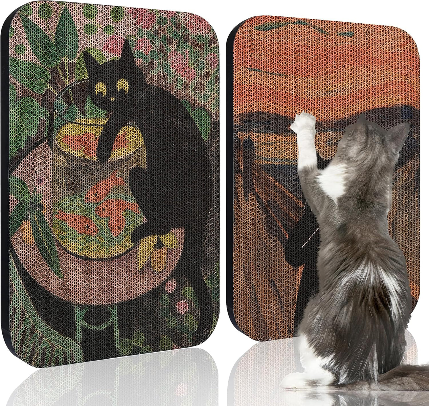 2 Packs Art Cat Wall-Mountable Scratching Board 16.7x11x1 Inch Cat Wall Scratch Pad for Indoor Cats Furniture Protector (Goldfish & Scream)