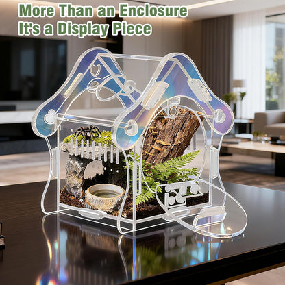 Magnetic Acrylic Jumping Spider Enclosure with Mushroom House, Easy-Feed Hole & Front Opening – Terrarium for Tarantula, Mantis, Beetle, Gecko, Hermit Crab, Reptile Habitat