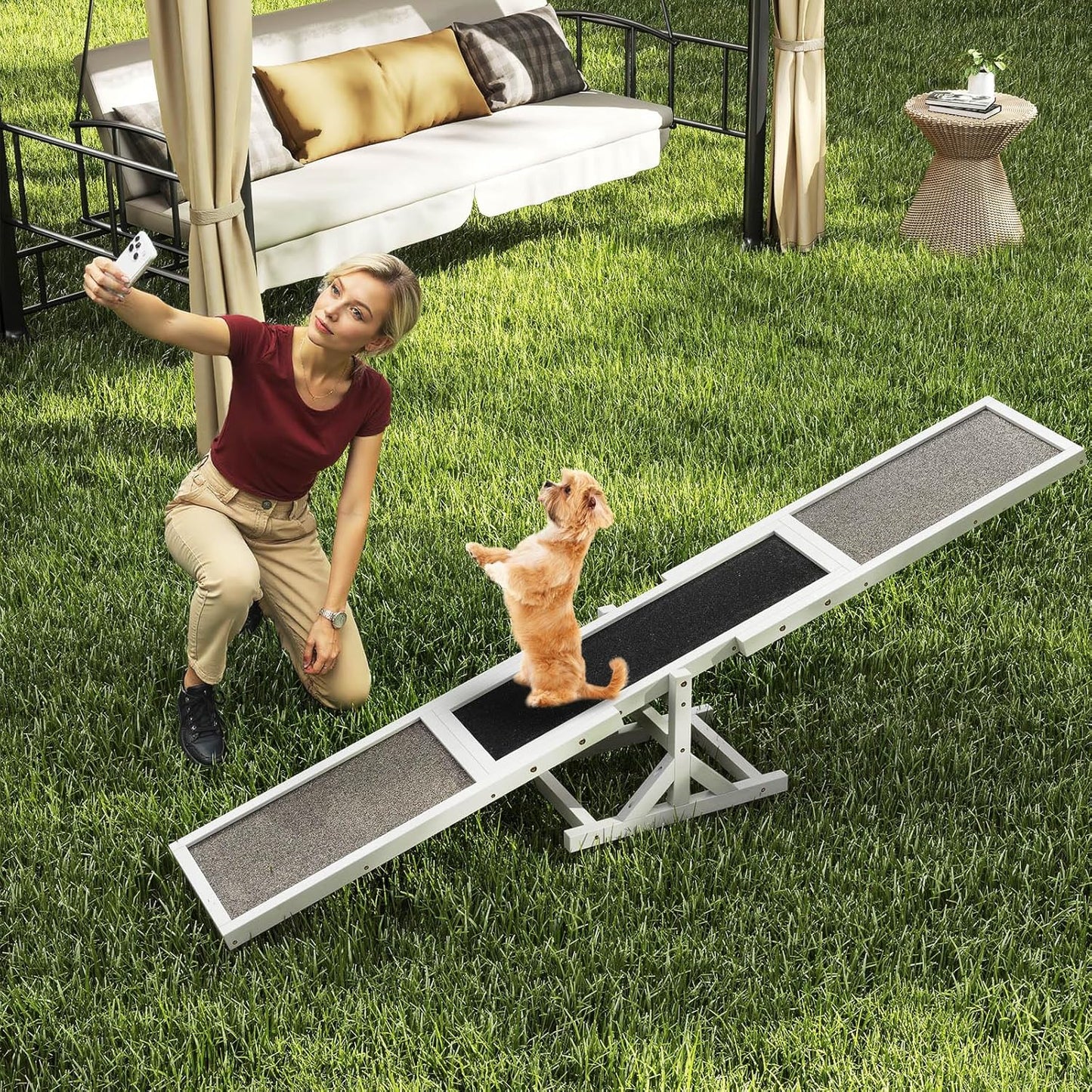 PETSITE Wooden Dog Agility Seesaw, Dog Exercise & Play Set, Outdoor Run Game Toy, Climbing Platform Balance Training Equipment, Weatherproof Pet Supplies for Backyard Obstacle Courses (White)
