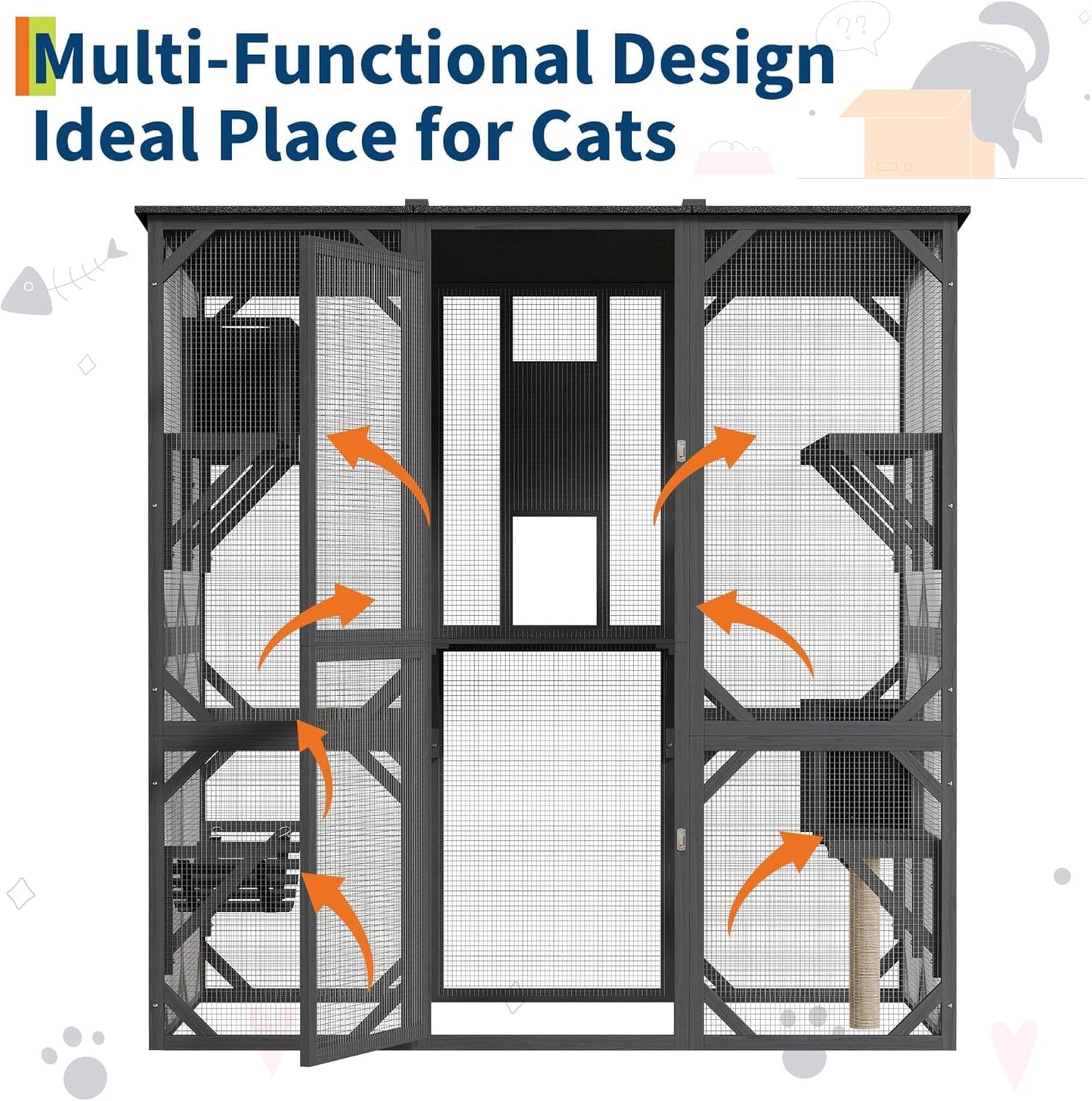 70 in Walk-in Catio with Window Access, Extra Large Outdoor Cat Enclosure for Multiple Cats, Waterproof Roof Cattery with Bridge and Scratching Post Outside Patio Cat Playpen Grey