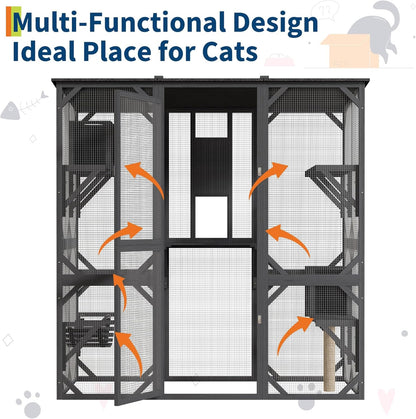 70 in Walk-in Catio with Window Access, Extra Large Outdoor Cat Enclosure for Multiple Cats, Waterproof Roof Cattery with Bridge and Scratching Post Outside Patio Cat Playpen Grey