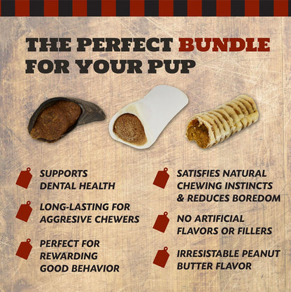 Peanut Butter Lovers Dog Treat Bundle – 2 Peanut Butter Filled Bones, 2 Hooves, 2 Trachea