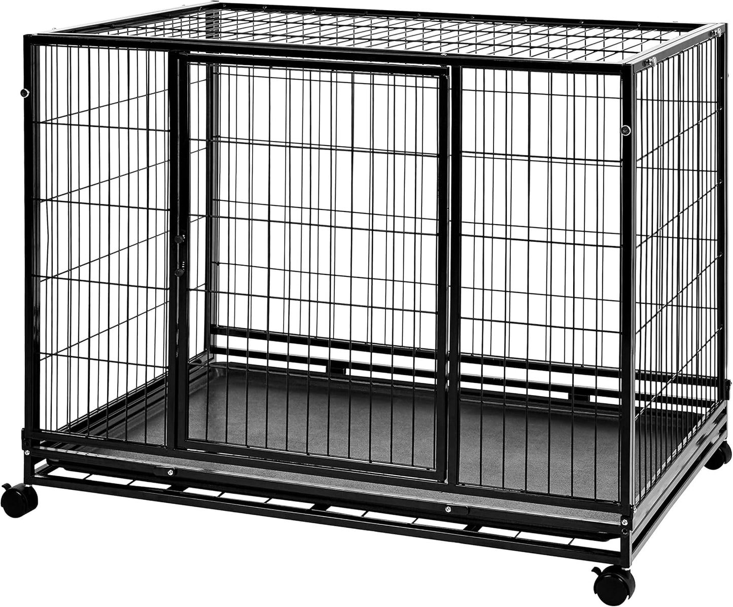 Amazon Basics - Portable Heavy Duty Stackable Dog Pet Kennel on Wheels with Tray, Black, 43.5" L x 29.8" W x 34.3" H