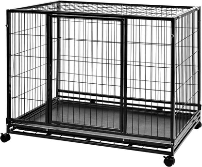 Amazon Basics - Portable Heavy Duty Stackable Dog Pet Kennel on Wheels with Tray, Black, 43.5" L x 29.8" W x 34.3" H