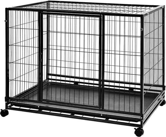 Amazon Basics - Portable Heavy Duty Stackable Dog Pet Kennel on Wheels with Tray, Black, 43.5" L x 29.8" W x 34.3" H
