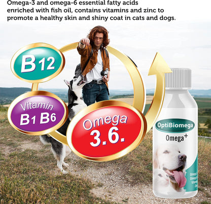 OptiBiomega Fish Oil for Dogs & Cats, Vitamins & Supplements Skin and Coat, Zinc, Omega 3 & Omega 6 Fatty Acids Support Immune Supplement, 3.38 fl oz